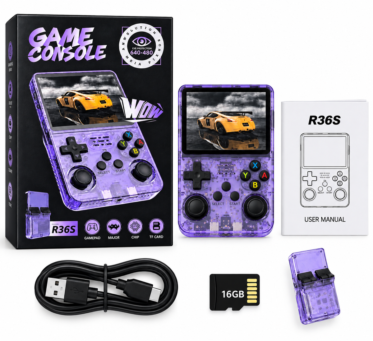 R36S Retro Handheld Game Console – 16GB Transparent Purple
