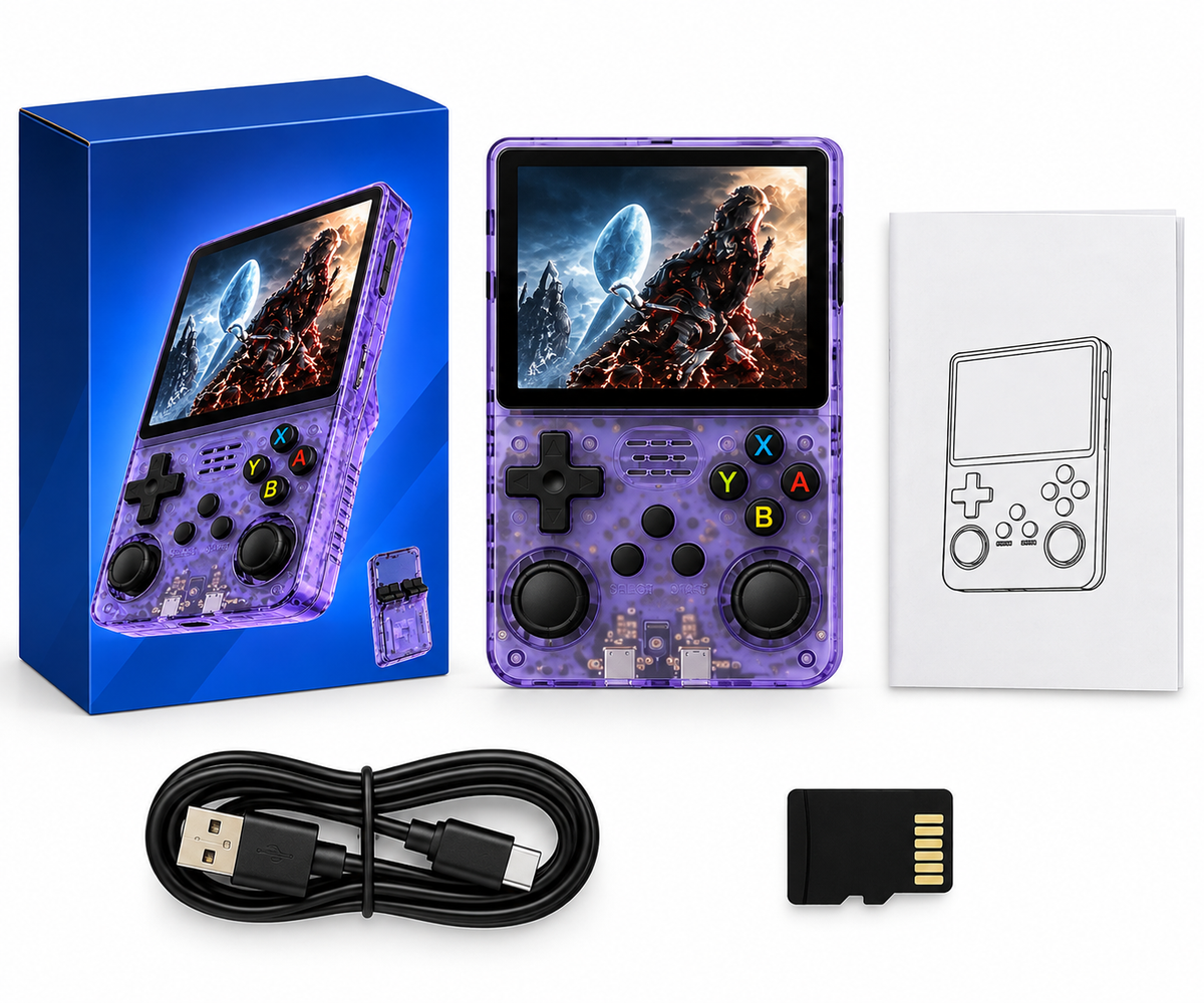 R36S Retro Handheld Game Console – 64GB Transparent Purple