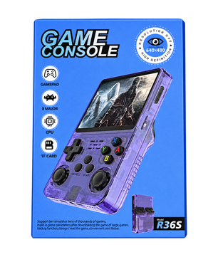 R36S Retro Handheld Game Console – 64GB Transparent Purple