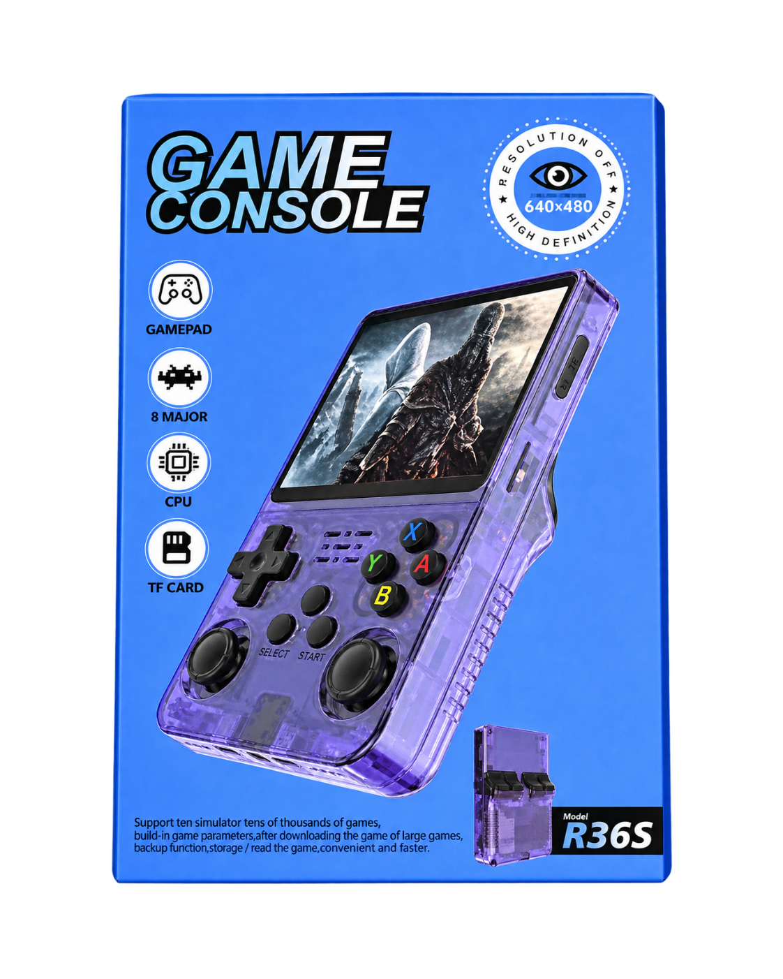 R36S Retro Handheld Game Console – 64GB Transparent Purple