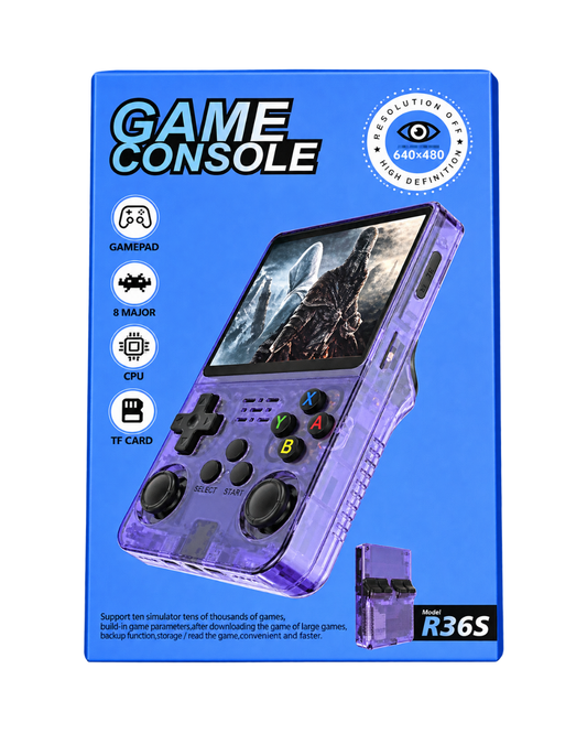 R36S Retro Handheld Game Console – 64GB Transparent Purple