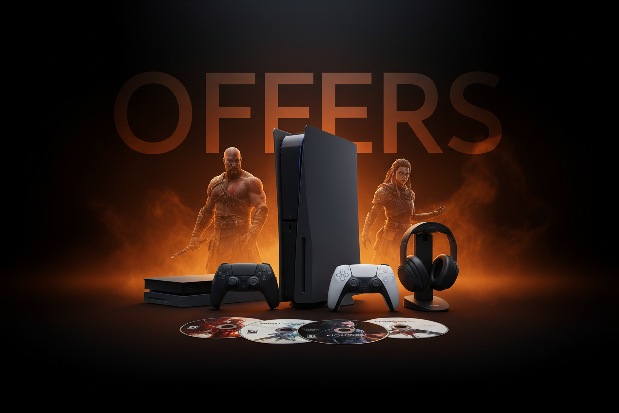 "Premium PlayStation hero image for a website, featuring PlayStation consoles and accessories (controllers, headset, game discs) with optional human characters inspired by popular games, realistic and elegant style, dark background with dominant orange color theme (#F76700BA), cinematic soft lighting, clean and minimal composition, not wide, balanced aspect ratio suitable for both mobile and desktop, 4K quality, modern and premium atmosphere, subtle large background word 'OFFERS' blended softly into the bac